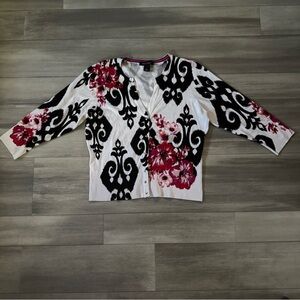 White House Black Market Black and White Cardigan with Pink Floral